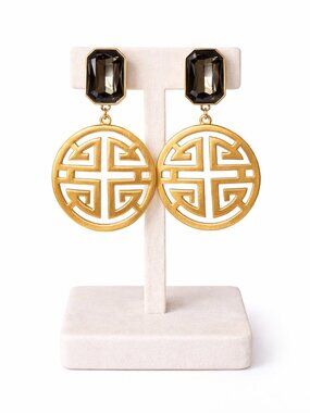 Gold Medallion Statement Earrings, Black Crystal Drop Earrings, Chinoiserie